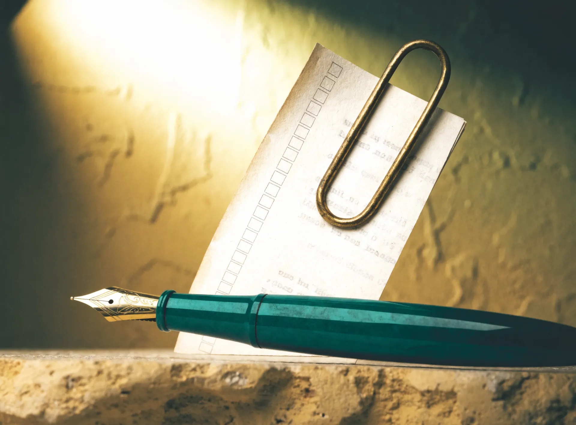 A printed acceptance checklist on graph-paper ledger stock, held by a brass clip beside a spruce pen