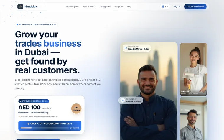 The Handpick landing page: a hero about growing a trades business in Dubai, beside portraits of verified local pros and a founding-listing offer panel.