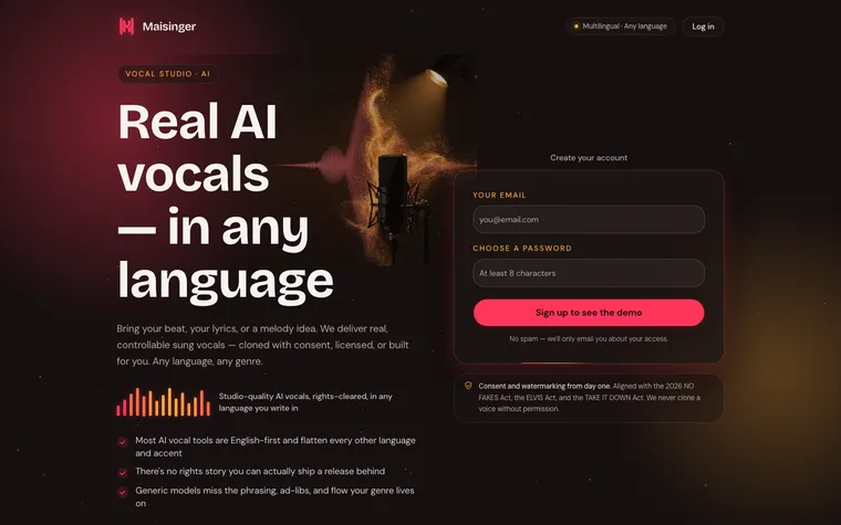 The Maisinger landing page: a hero reading "Real AI vocals — in any language" over a lit studio microphone, beside a sign-up panel offering a demo of the vocal studio.